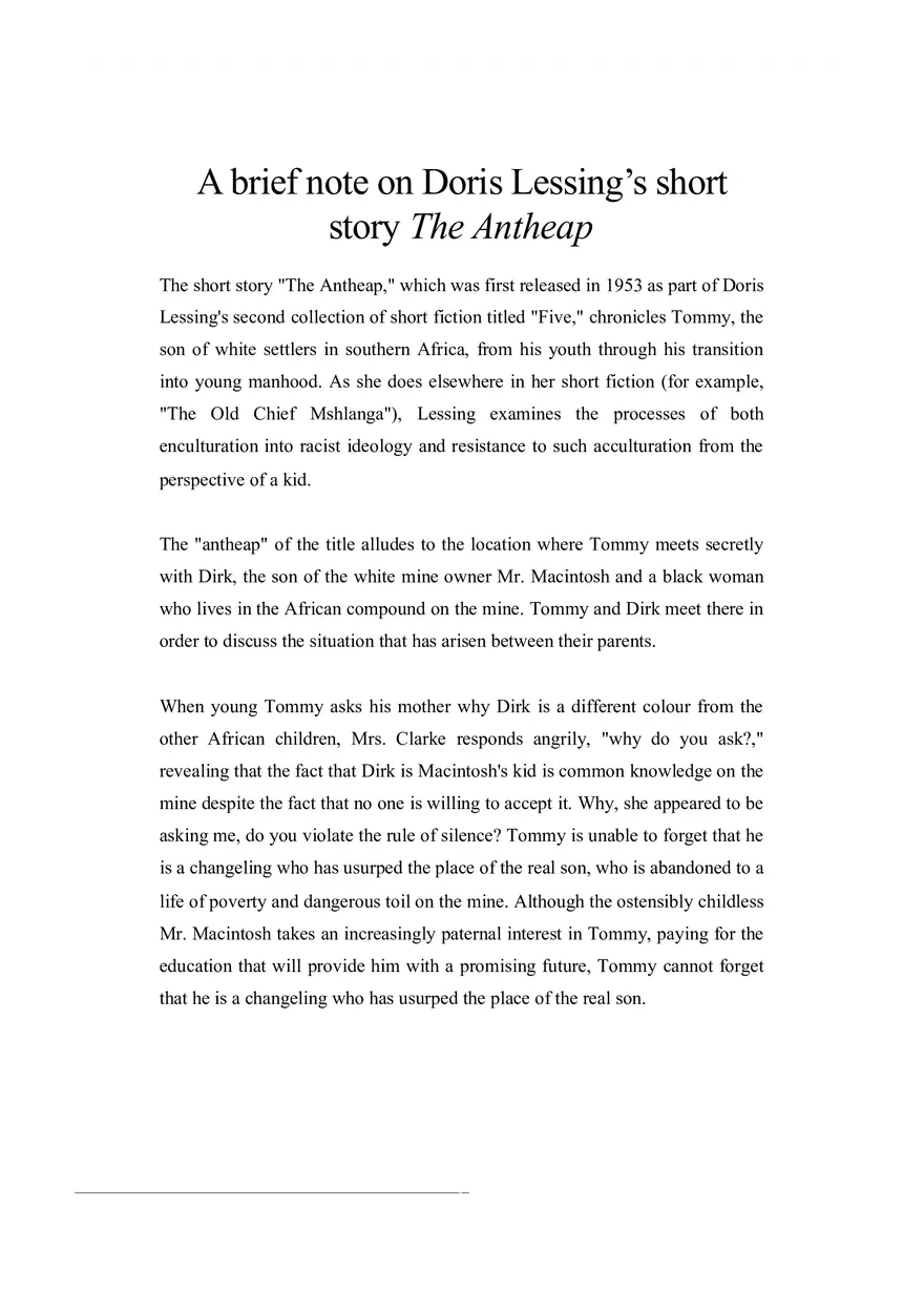 A Brief Note on Doris Lessing’s Short Story The Antheap - Page 1