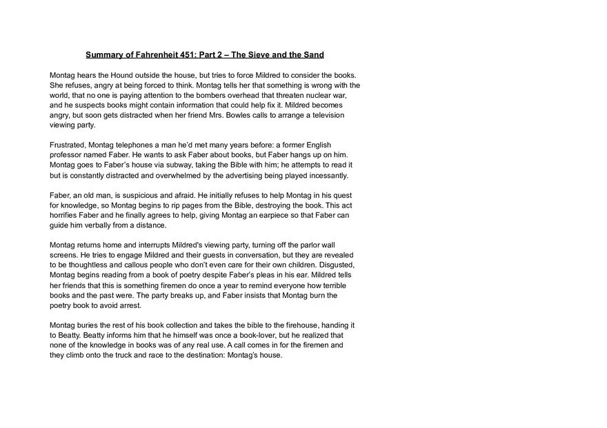 Summary of Fahrenheit 451 Part 2 – The Sieve and the Sand - Page 1