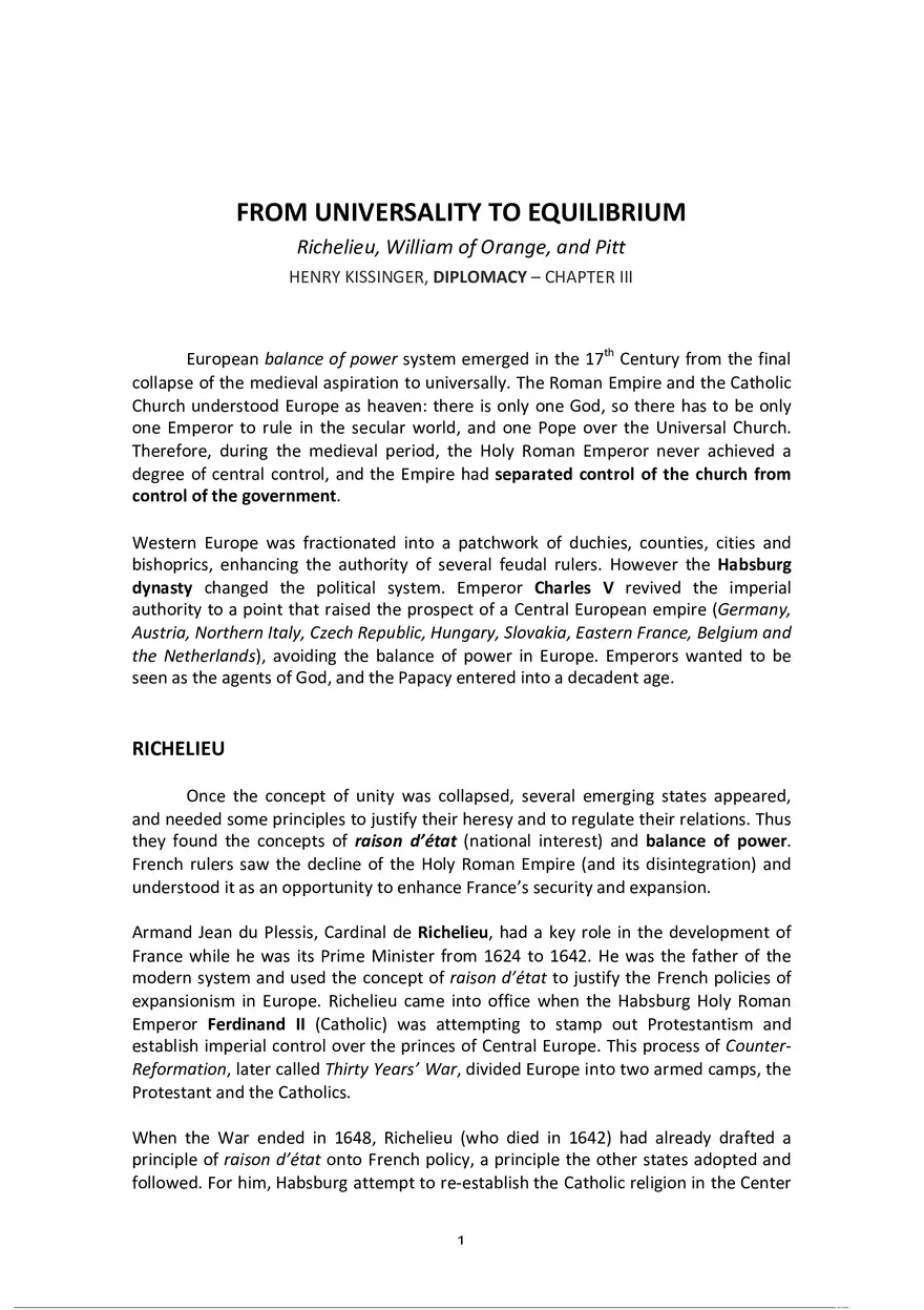 Henry Kissinger, Diplomacy (Chapter 3) - Summary - Page 1