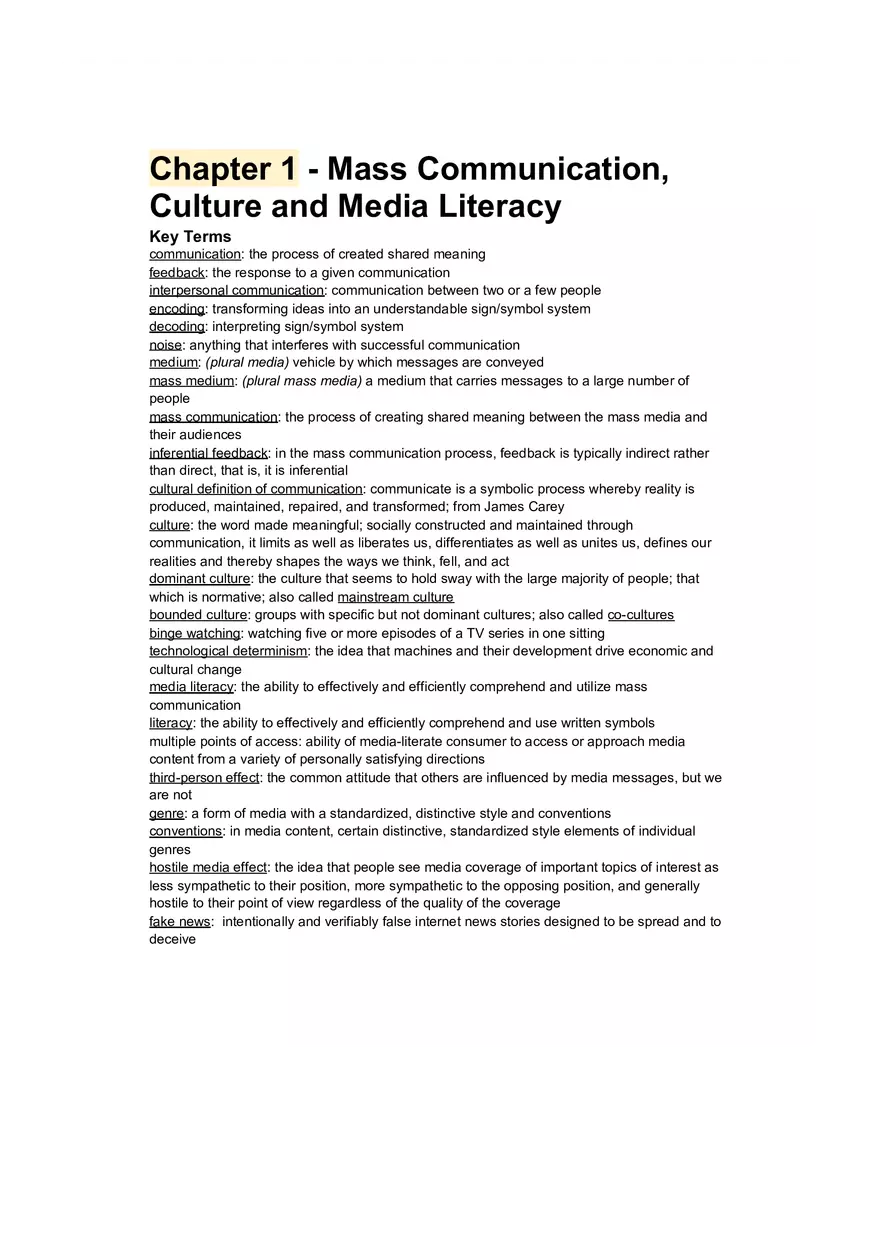 Mass Communication, Culture and Media Literacy Guide - Page 1