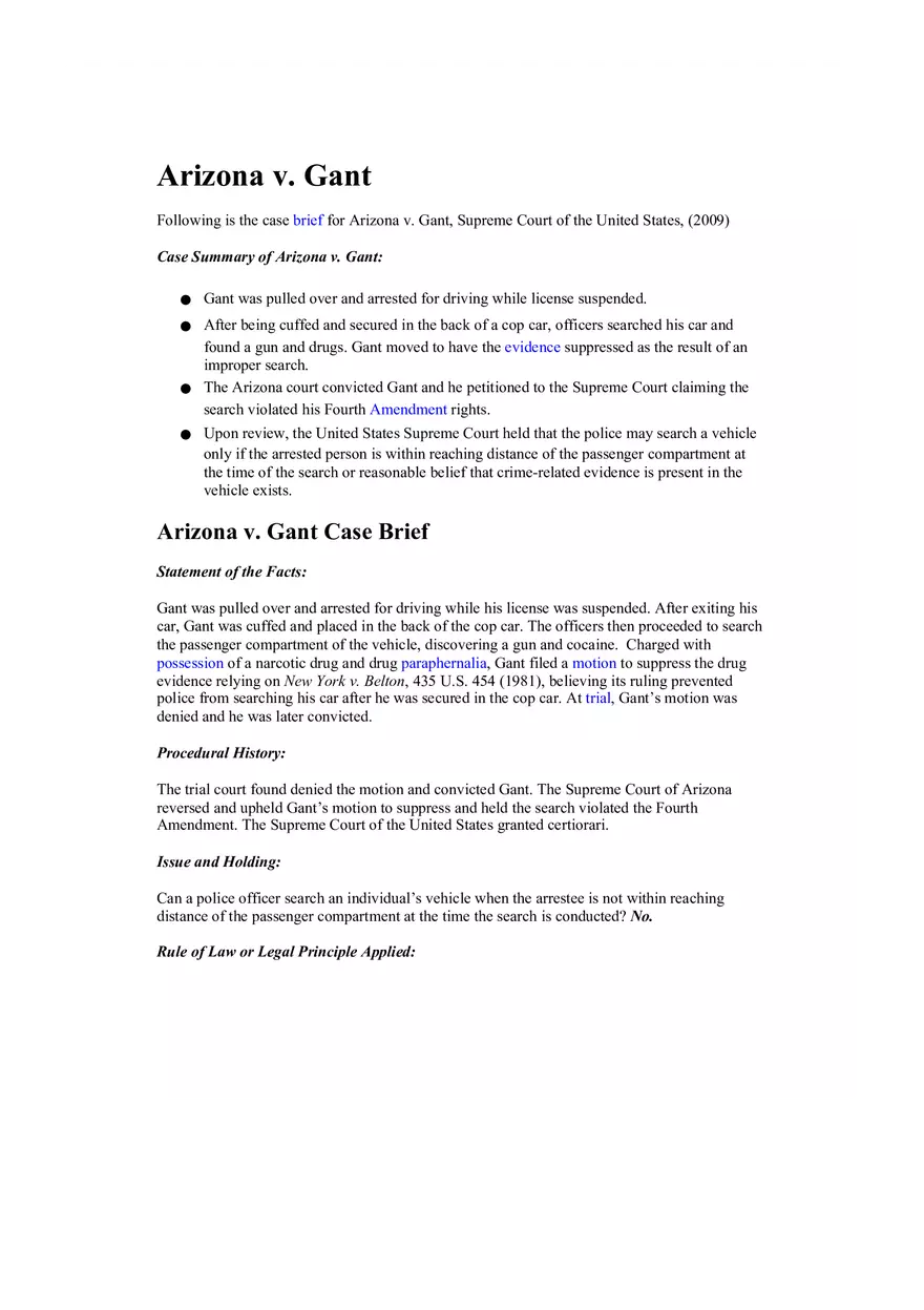 Arizona v Gant - Lecture Notes Chapter 9-10 - Page 1