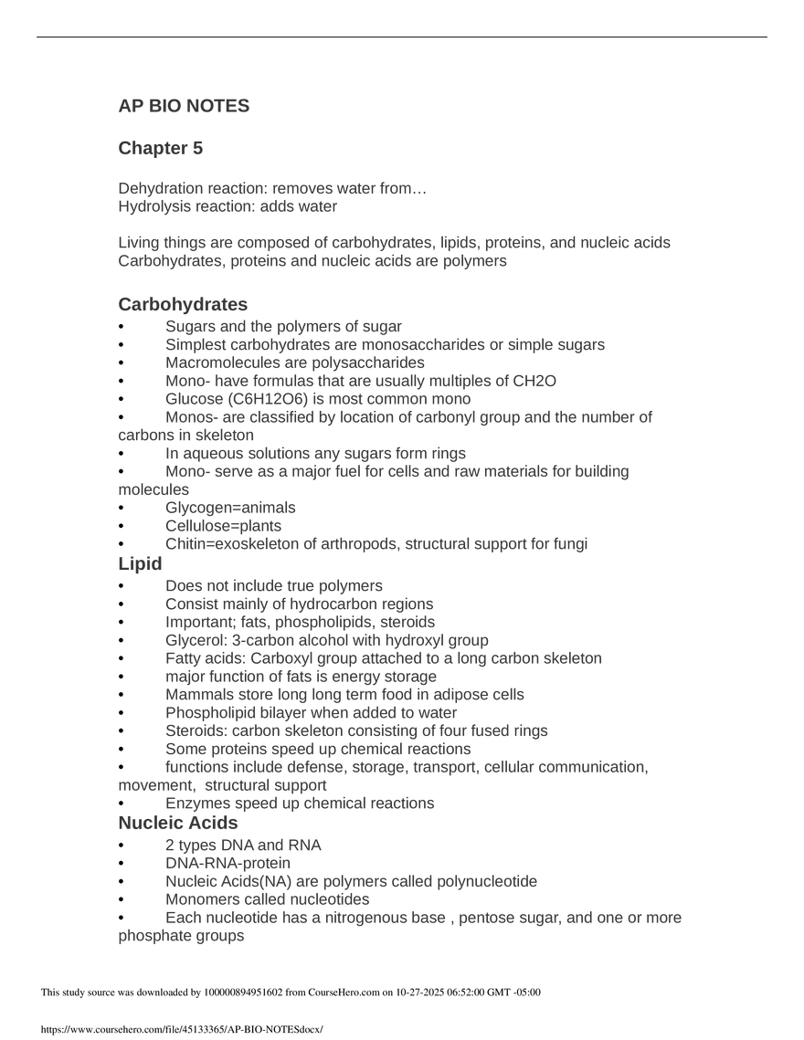 AP Bio Notes Chapter 5 - Page 1
