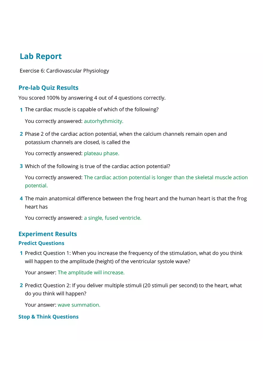Lab Exercise 6 Activity 1 Cardiovascular Physiology - Page 1