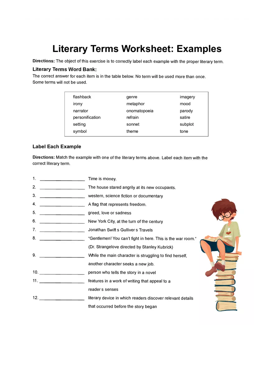 Literary Terms Examples Worksheet - Page 1