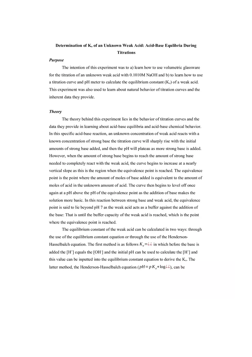 Lab 2 - Determination of Ka of an Unknown Weak Acid - Page 1