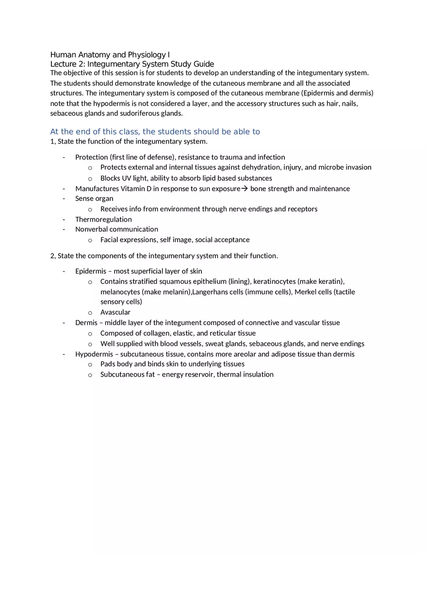 Integumentary System Study Guide for Exam - Page 1