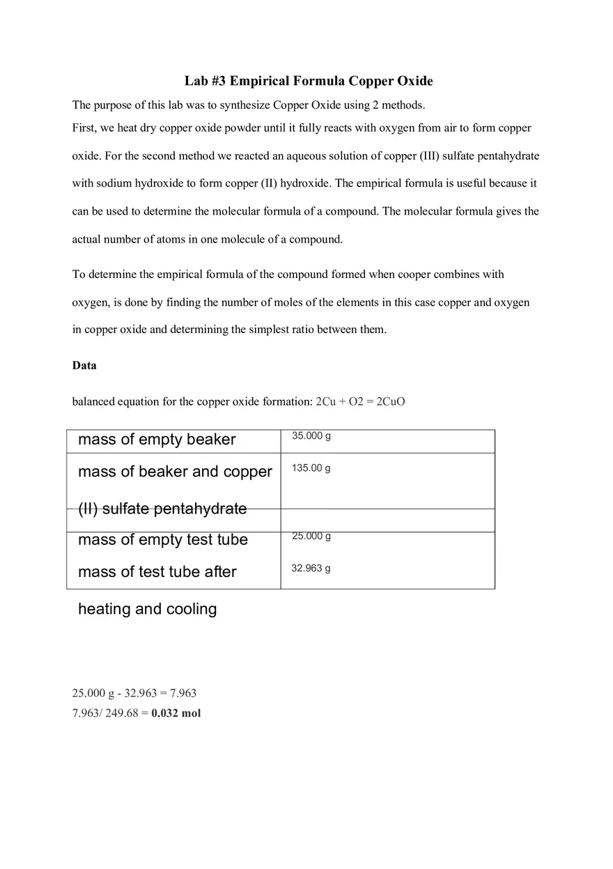 Experimental Chemistry Emperical Formula Copper Oxide - Page 1