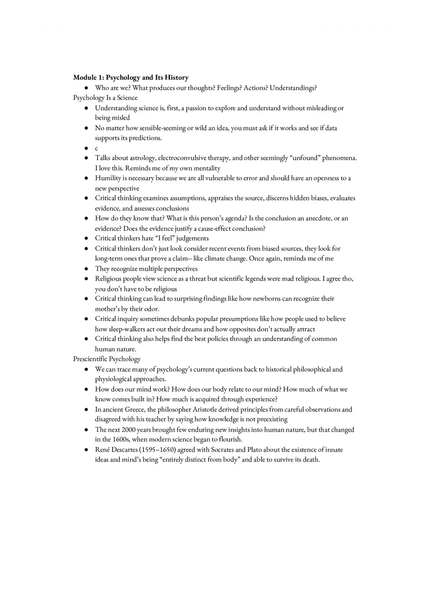 Psychology Notes Unit 1 Psychology’s History and Its Approaches - Page 1