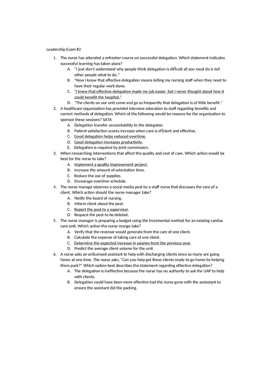 Leadership and Management Exam 2 Test Bank - Page 1