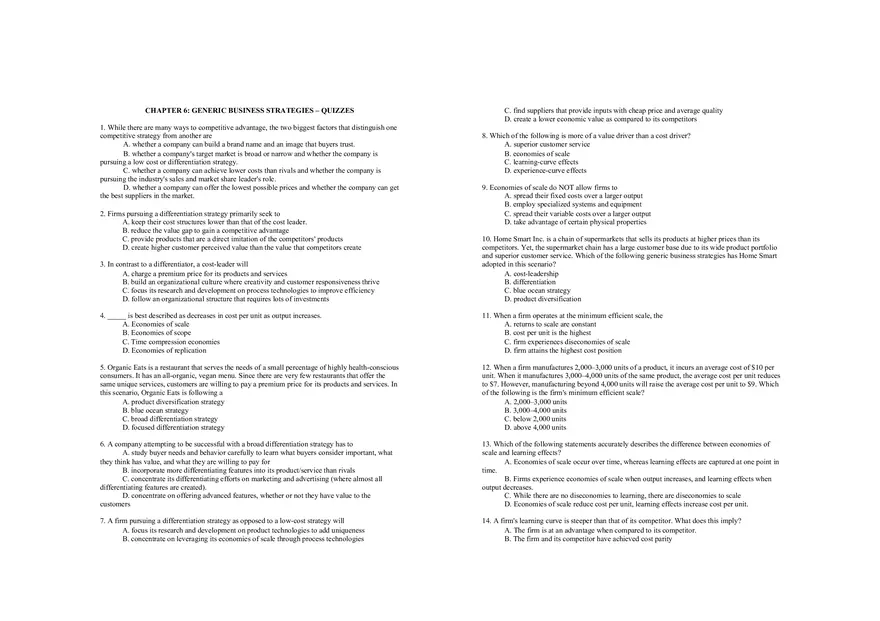 Generic Business Strategies - Quiz - Page 1