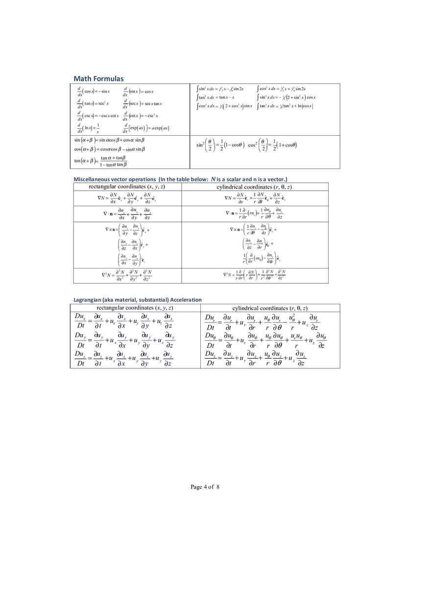 Fluid Mechanics Exam Formula Sheet - Page 4