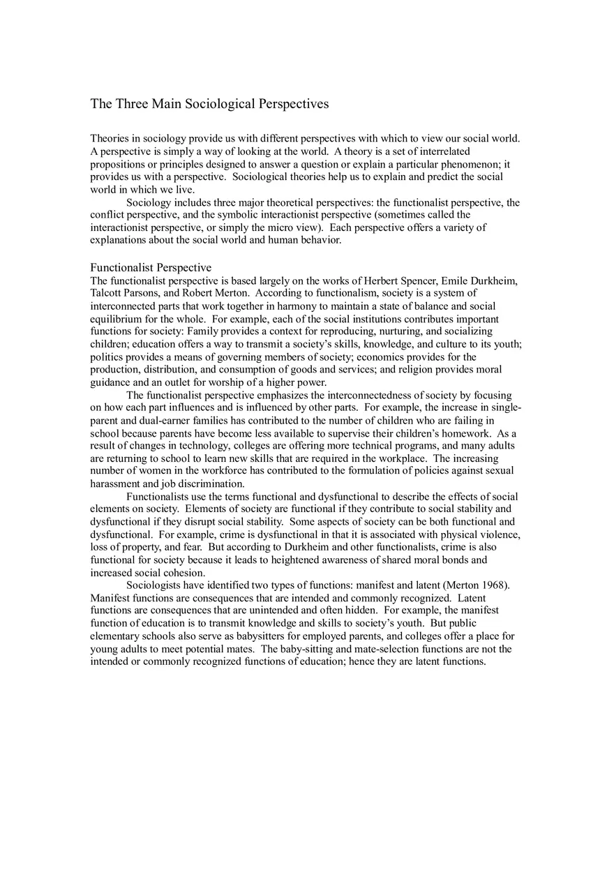 The Three Main Sociological Perspectives - Page 1