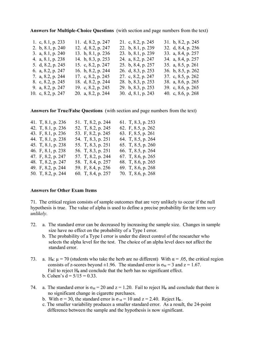 Introduction to Hypothesis Testing Answer Key - Page 1