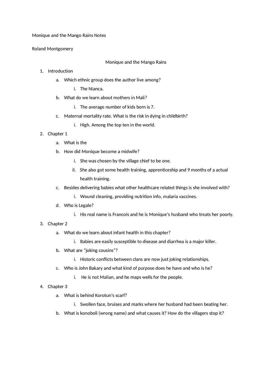 Monique and the Mango Rains Notes - Page 1