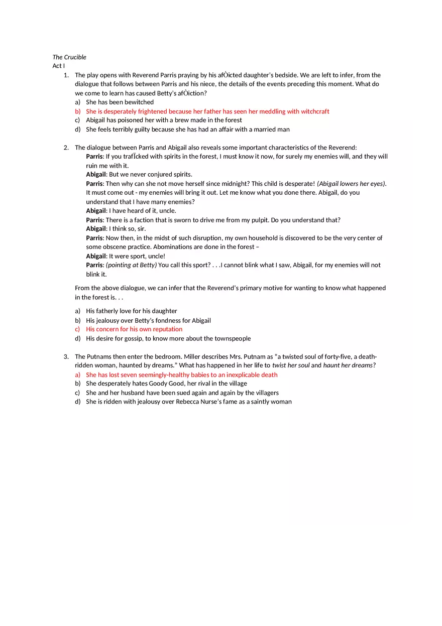 Answer Key The Crucible Test - Page 1