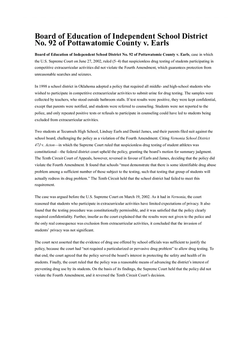 Board of Education of Independent School District No. 92 of Pottawatomie County v. Earls - Page 1