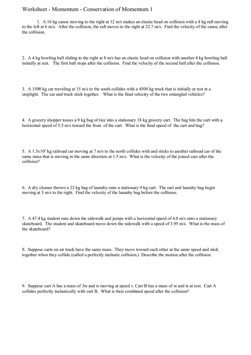 Worksheet - Conservation of Momentum - Page 1
