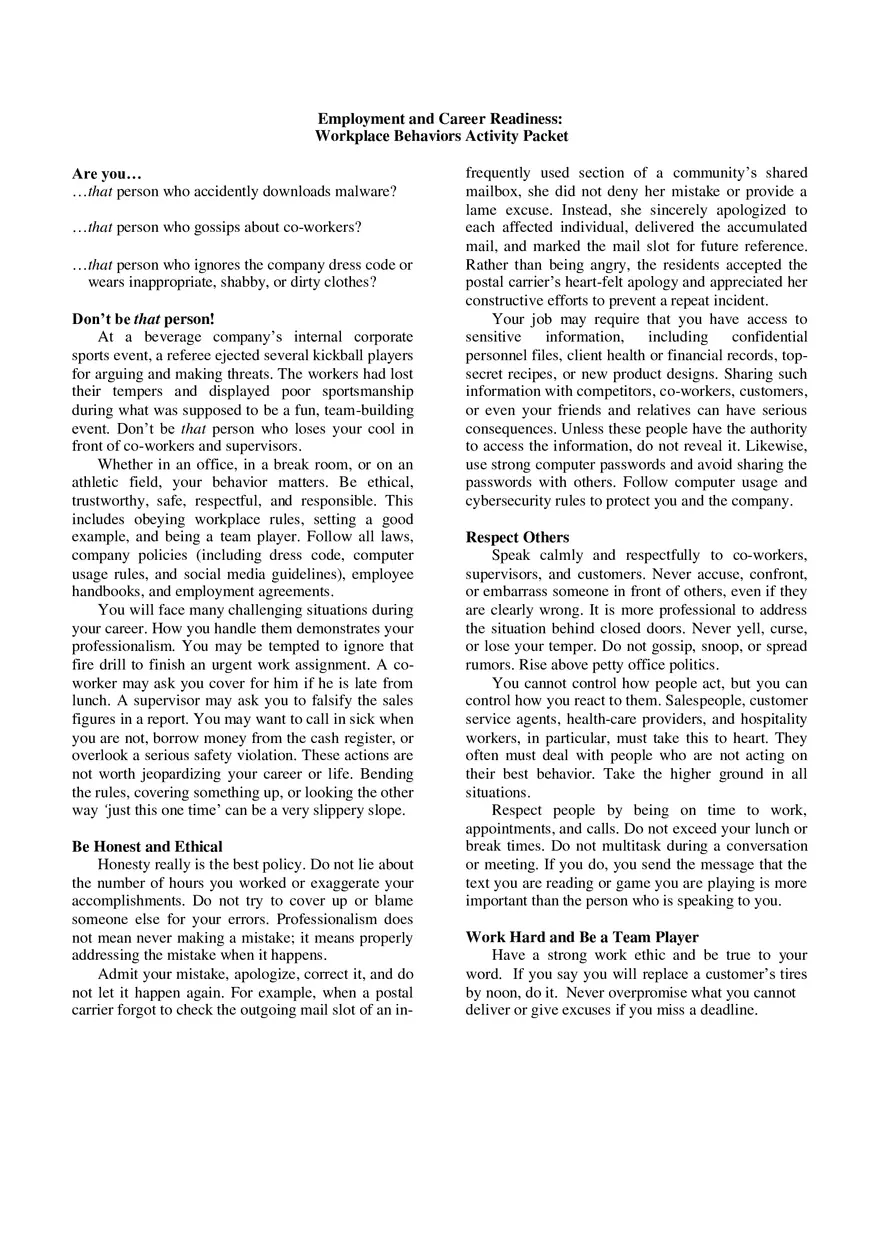 Workplace Behaviors Worksheet - Page 1