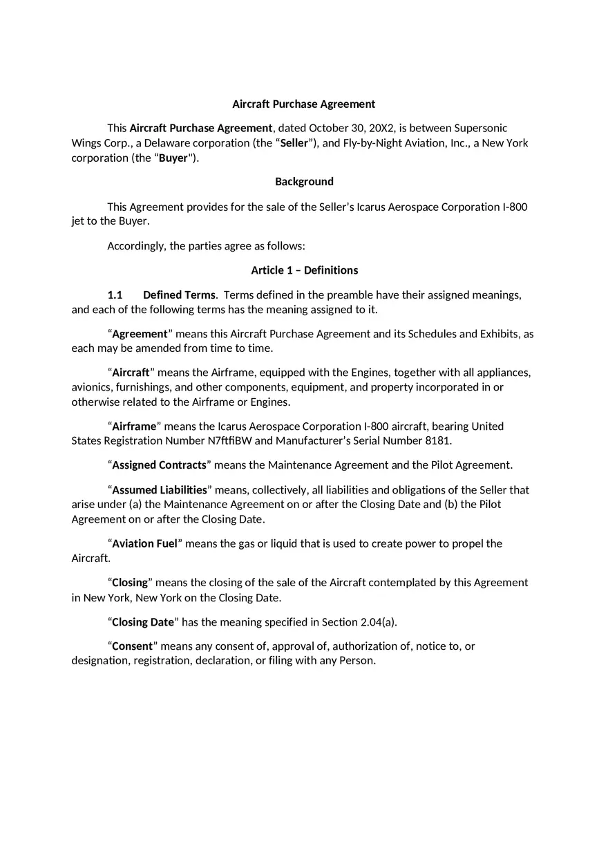 Aircraft Purchase Agreement - Page 1