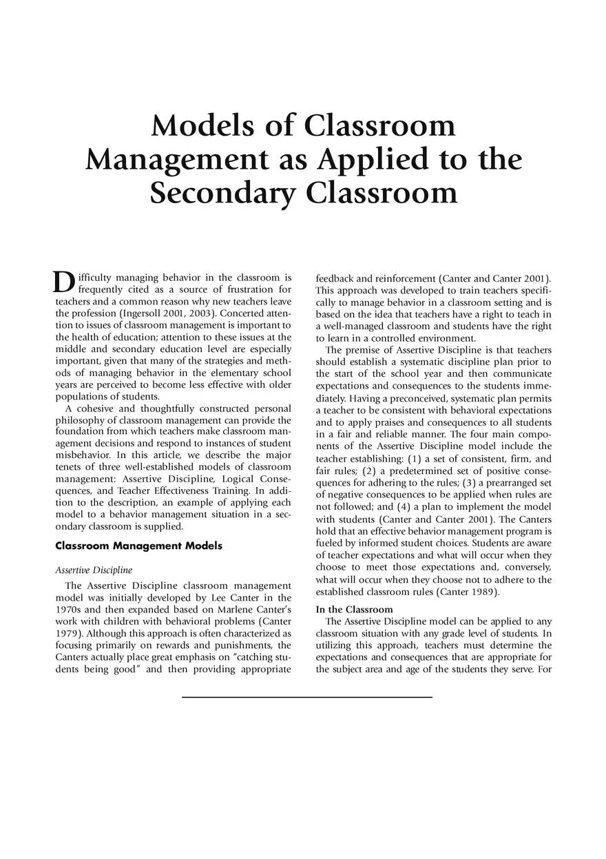 Models of Classroom Management - Page 1