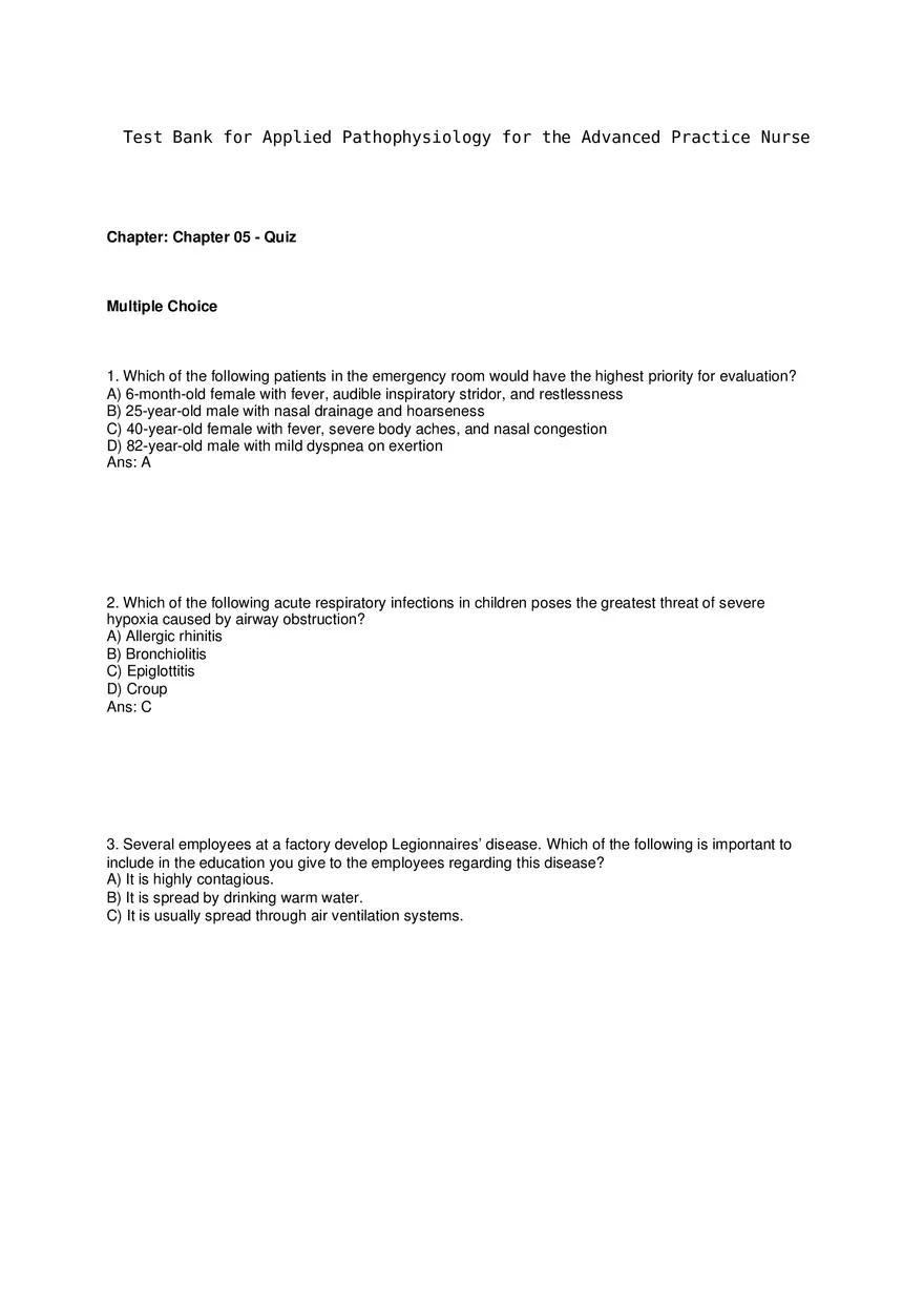 Test Bank for Applied Pathophysiology for the Advanced Practice Nurse - Page 1