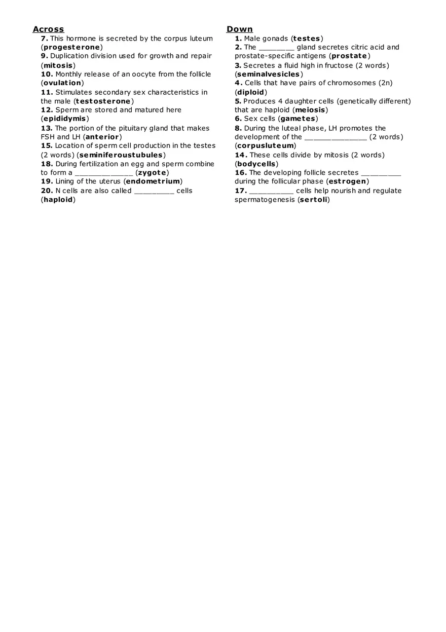 Reproductive System Crossword Answers - Page 1