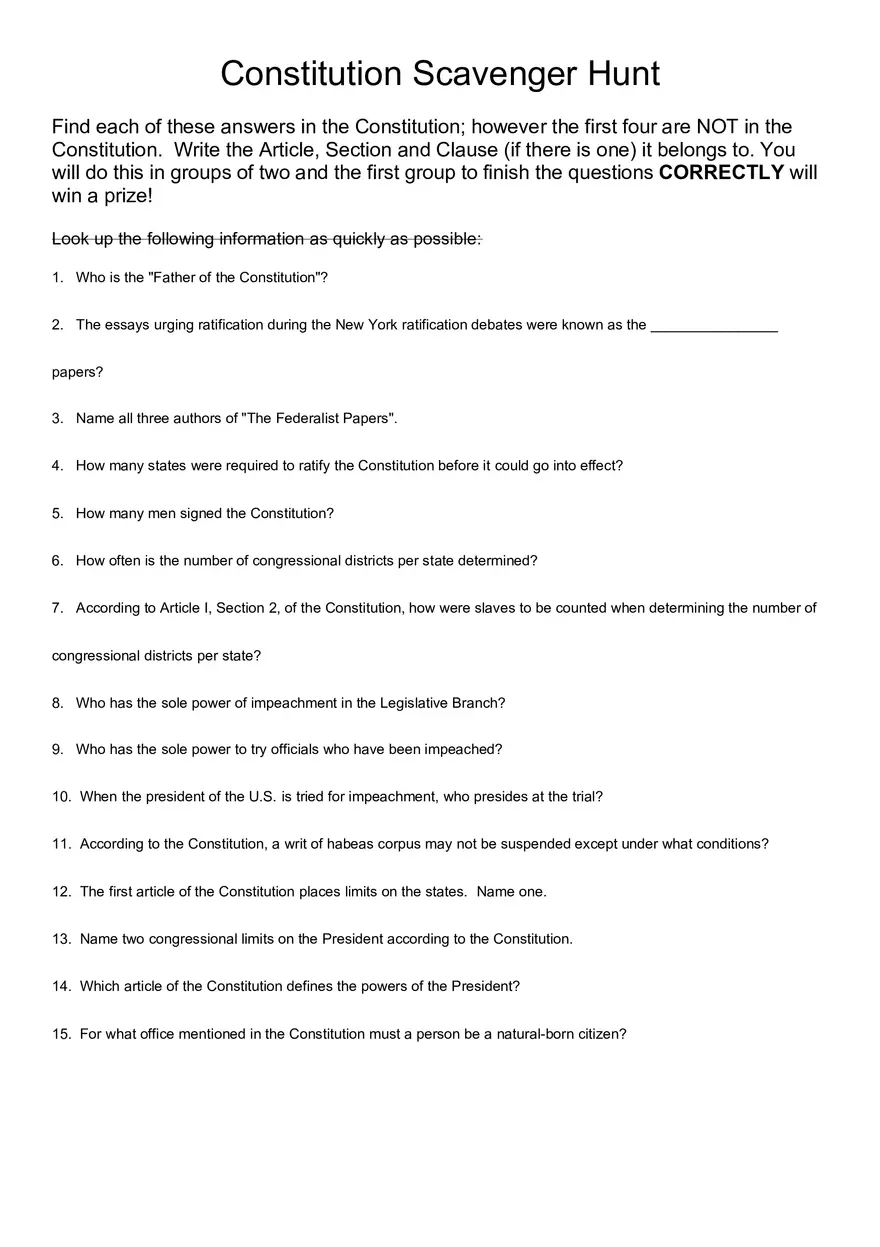 Constitution Scavenger Hunt Assignment - Page 1