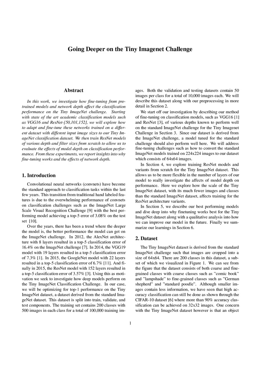 Going Deeper on the Tiny Imagenet Challenge - Page 1