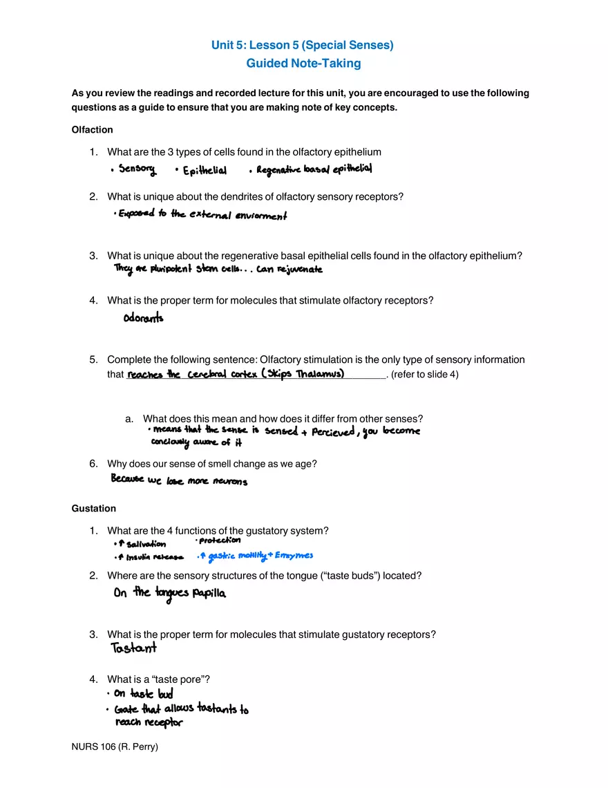 Unit 5: Lesson 5 (Special Senses) Guided Note-Taking - Page 1
