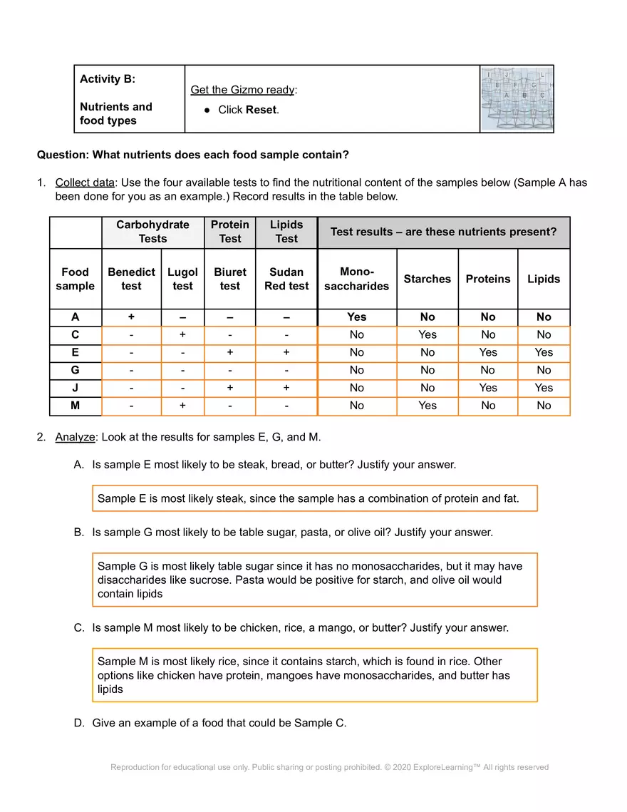Identifying Nutrients Gizmo Worksheet - Page 2