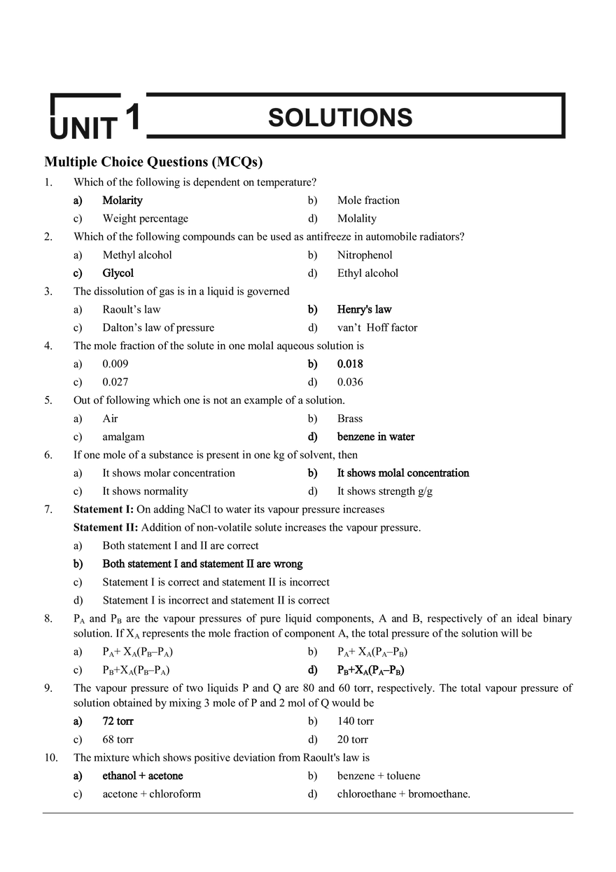 Colligative Properties and Solutions Multiple Choice Questions - Page 1