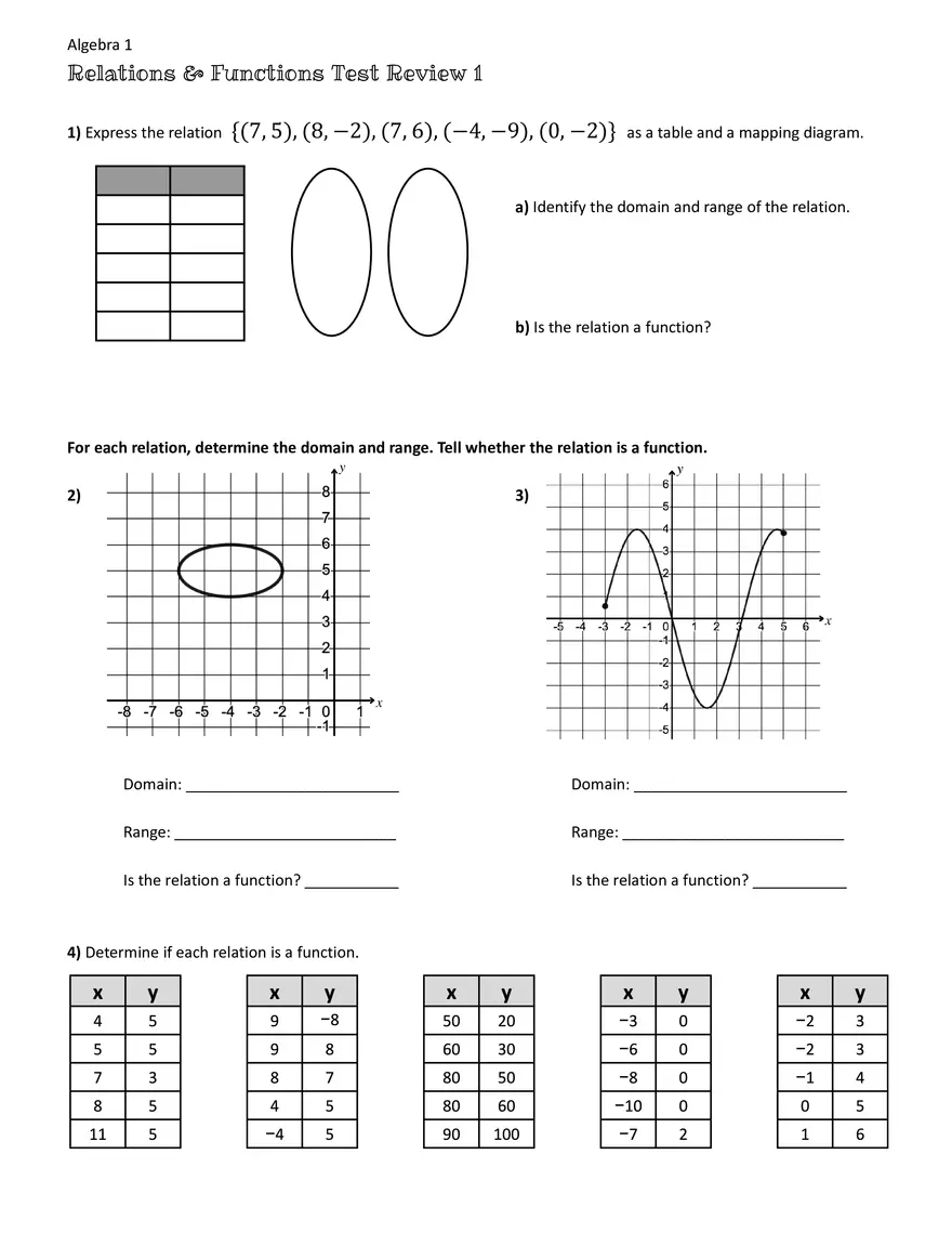 Relations and Functions Test Review 1 - Page 1