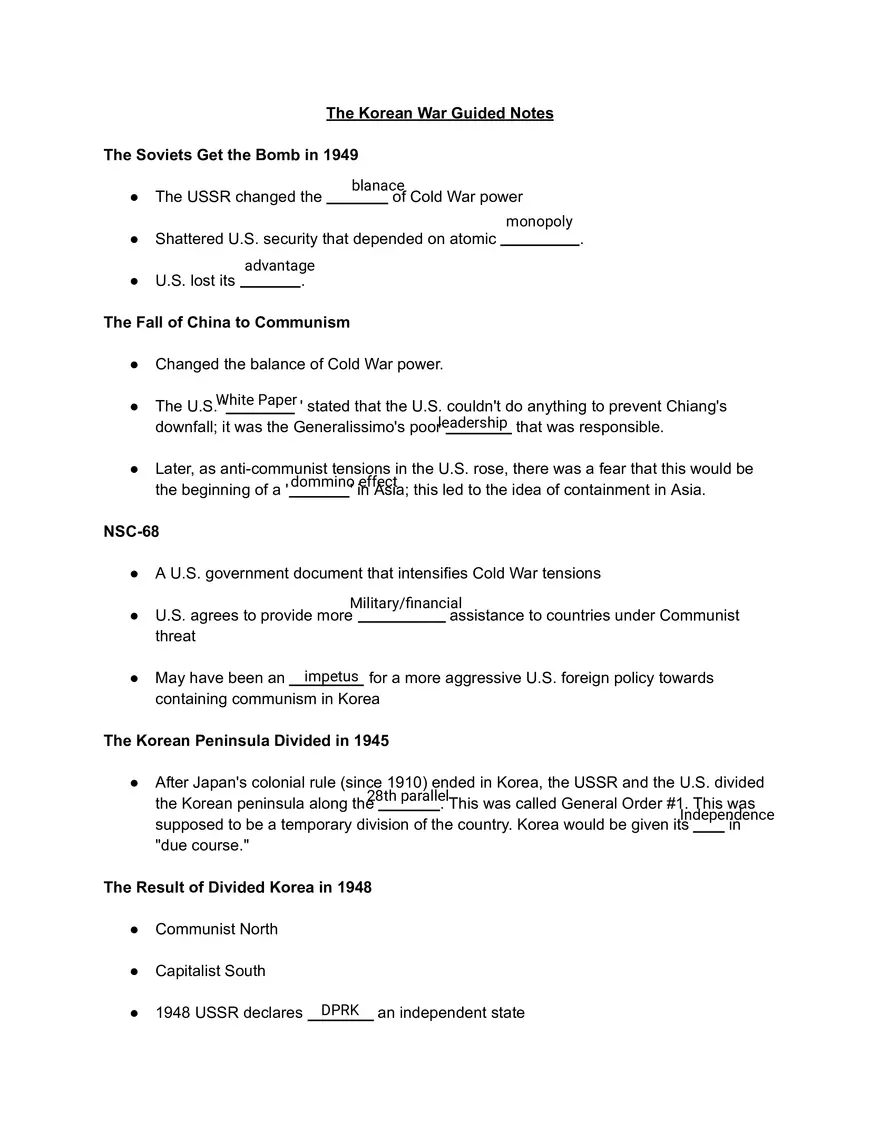 Korean War Guided Notes - Page 1