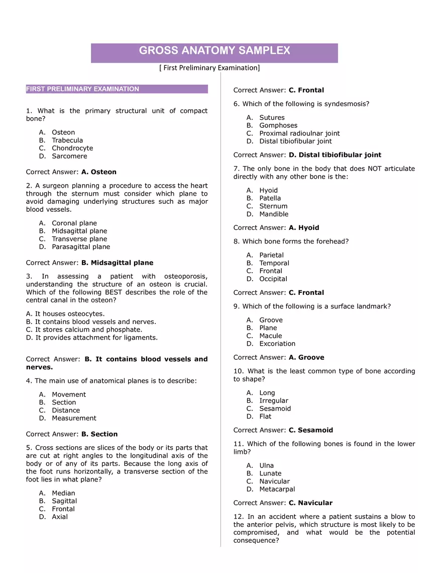 Gross Anatomy Samplex Answer Key - Page 1