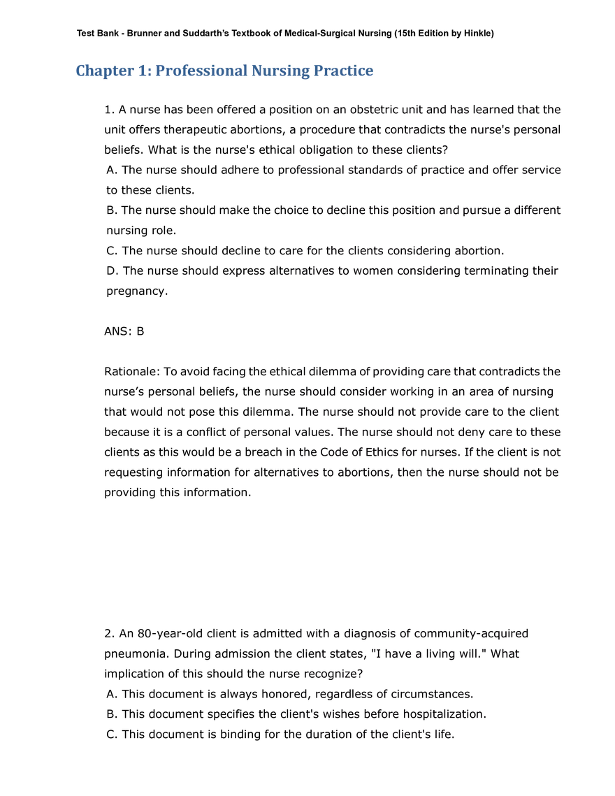 Professional Nursing Practice Chapter 1 Test Answers - Page 1