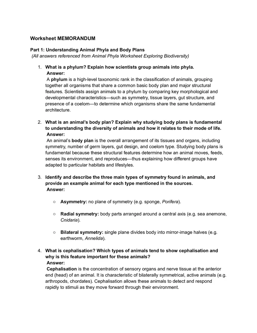 Understanding Animal Phyla and Body Plans Worksheet Memorandum - Page 1