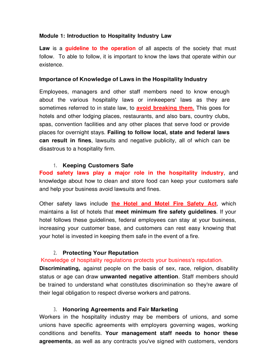 Introduction to Hospitality Industry Law - Page 1