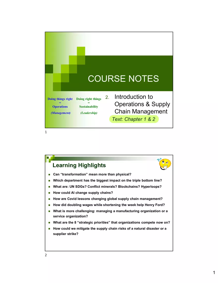 Introduction to Operations and Supply Lecture Note - Page 1