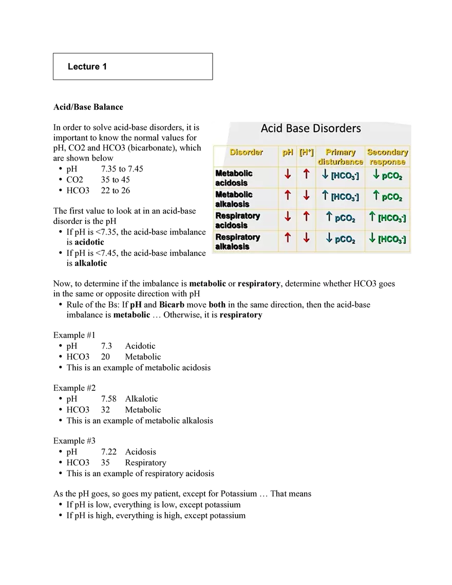 Nursing Exam Review Lecture 1 Acid Base Balance - Page 1