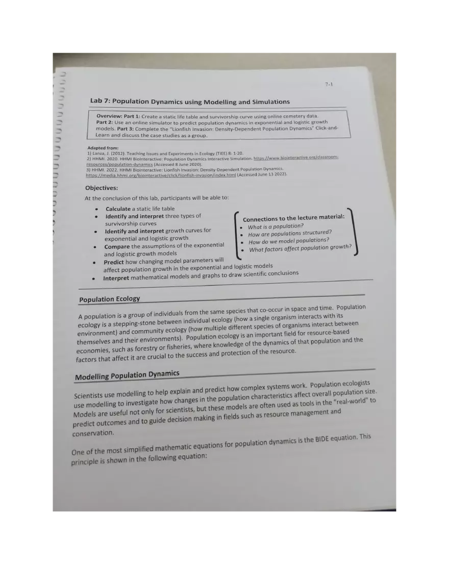 Population Dynamics Using Modeling and Simulations Lab - Page 1