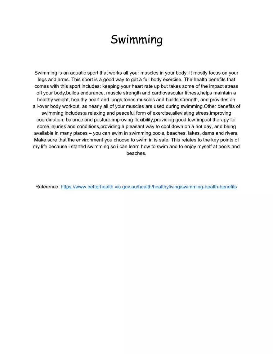 Swimming - Short Essay - Page 1