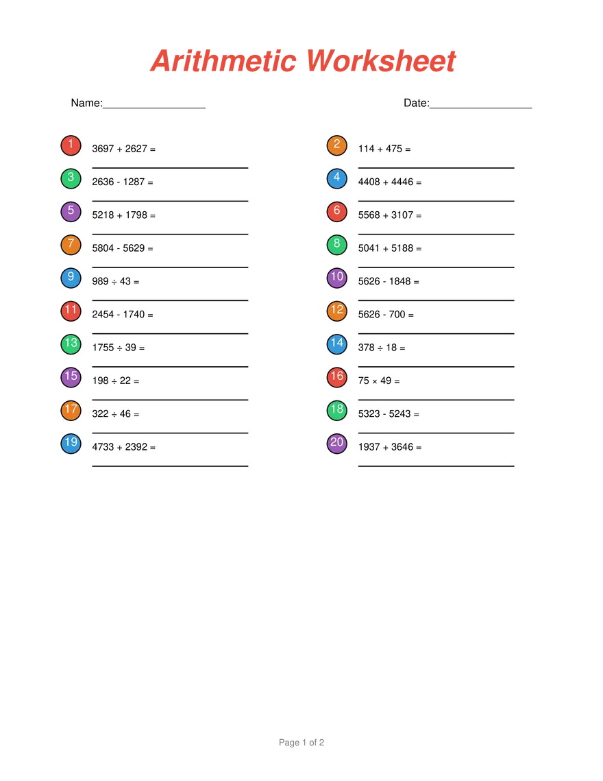 Arithmetic Worksheet #4 - Page 1