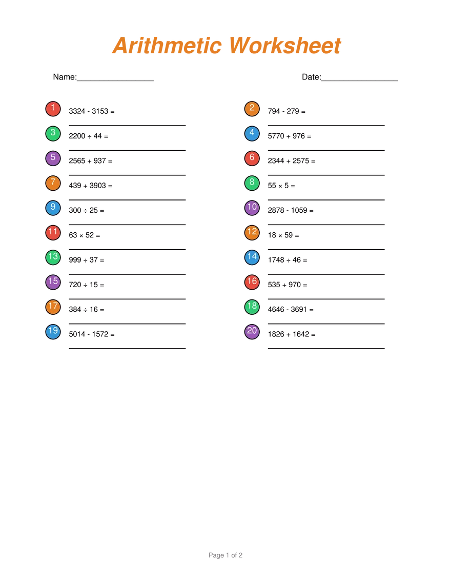 Arithmetic Worksheet #10 - Page 1