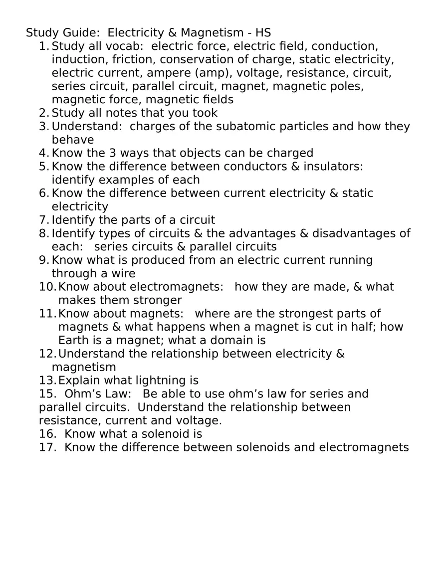 Study Guide - Electricity and Magnetism - Page 1