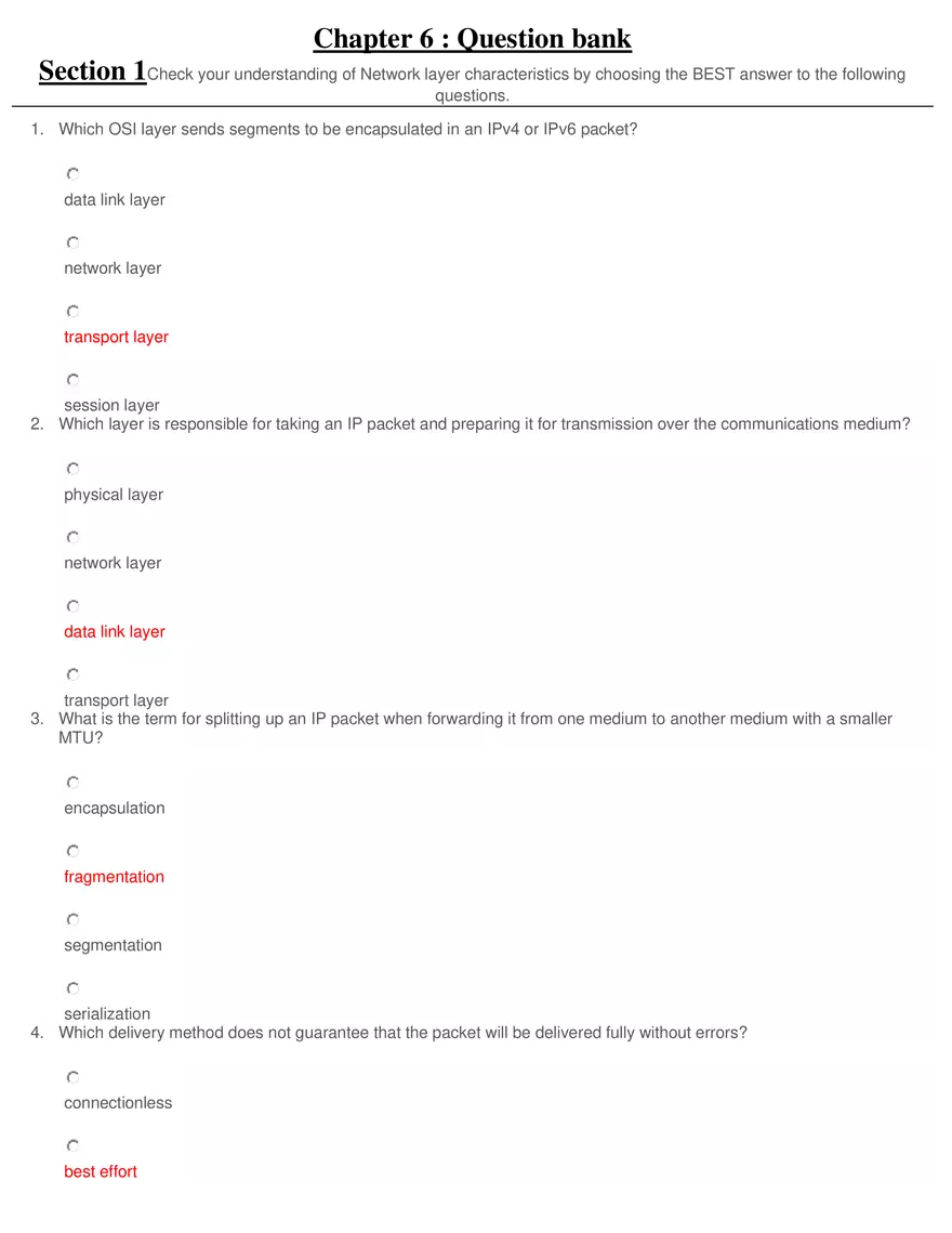 Network Layer Characteristics Question Bank - Page 1