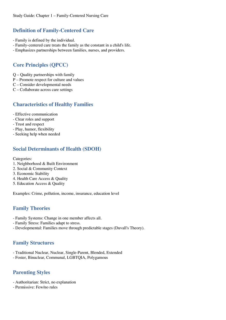 Family Centered Nursing Study Guide - Page 1