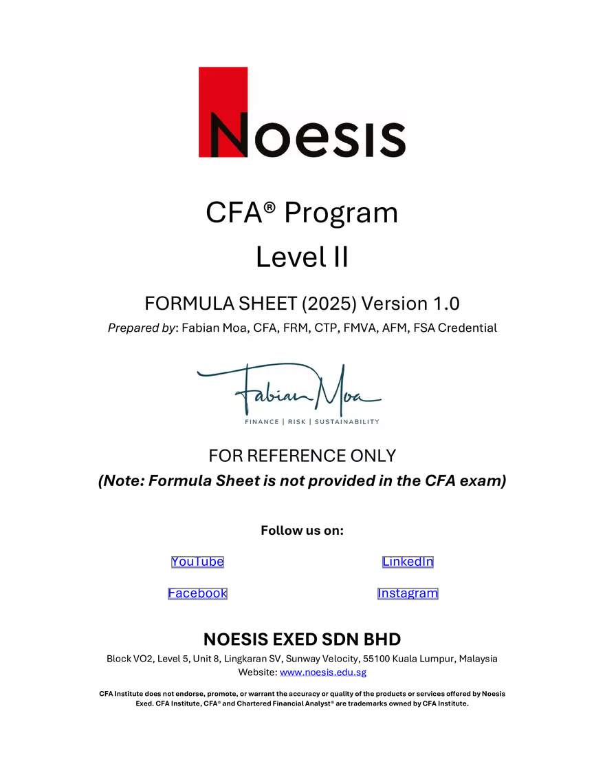 CFA Level II Formula Sheet 2025 by Fabian Moa - Page 1