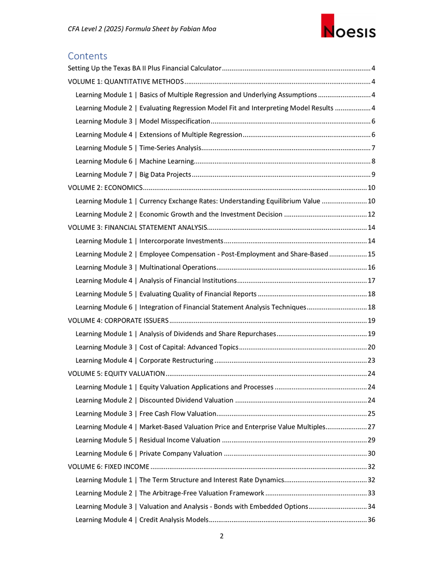 CFA Level II Formula Sheet 2025 by Fabian Moa - Page 2
