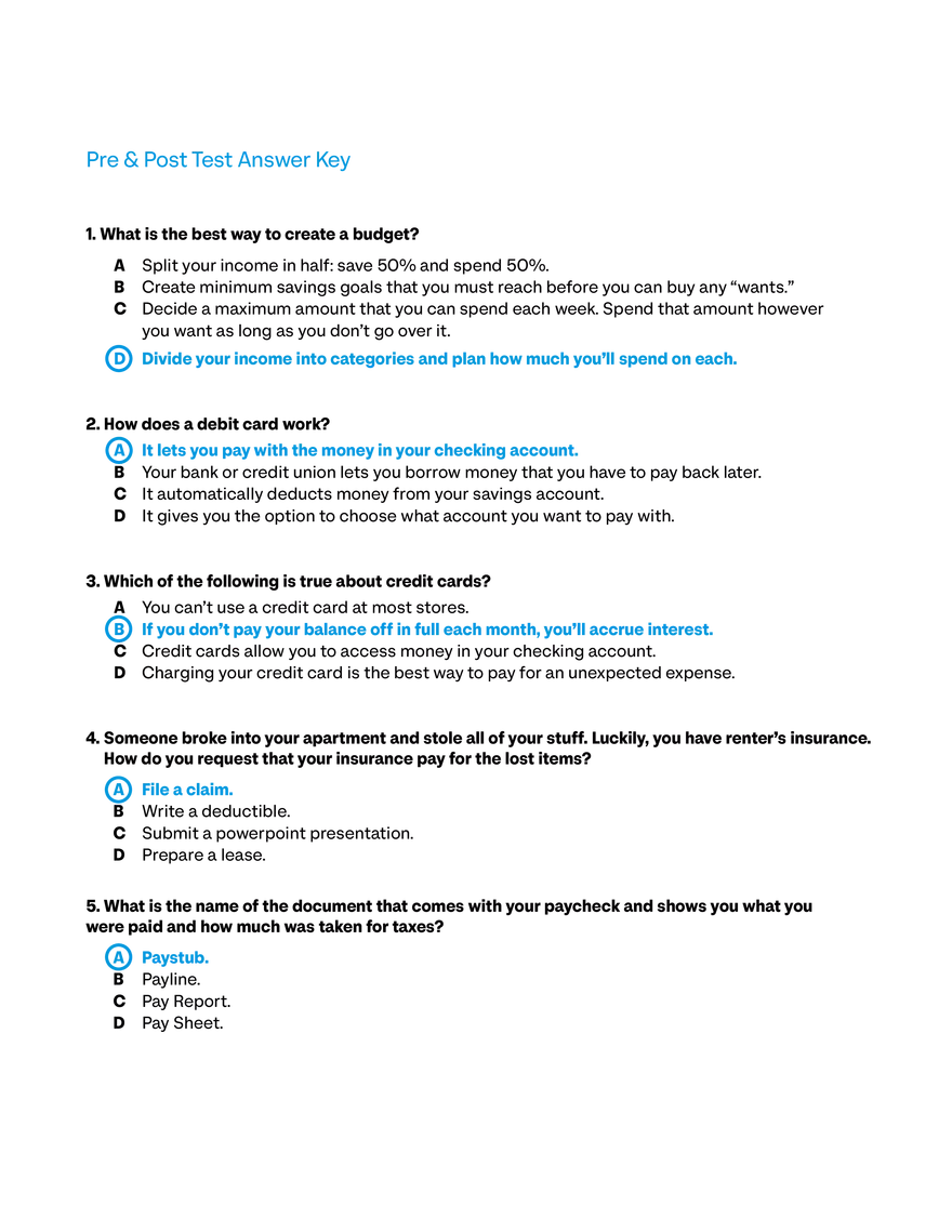 Pre and Post Test Budgeting Basics Answer Key - Page 1