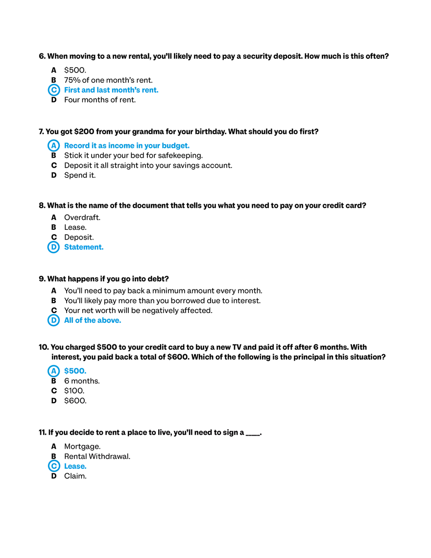 Pre and Post Test Budgeting Basics Answer Key - Page 2